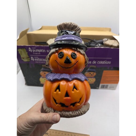 Vtg Halloween Blow Mold Pumpkin Scarecrow 4 Yard Lawn Stakes in box Fall - Picture 8 of 15